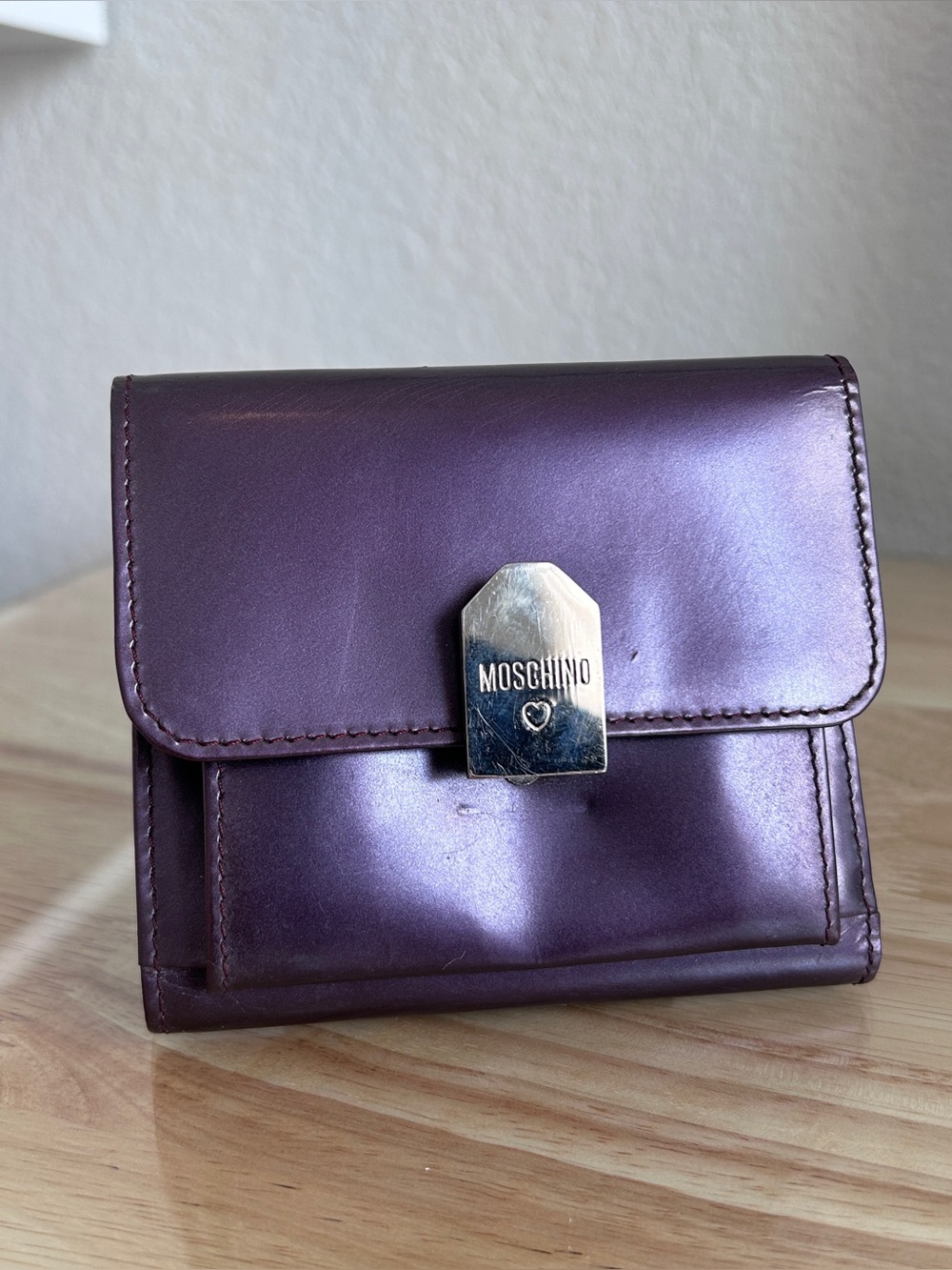 90s Moschino Redwall • Plum Leather • Mini Wallet Silver Heart Clasp • Vintage